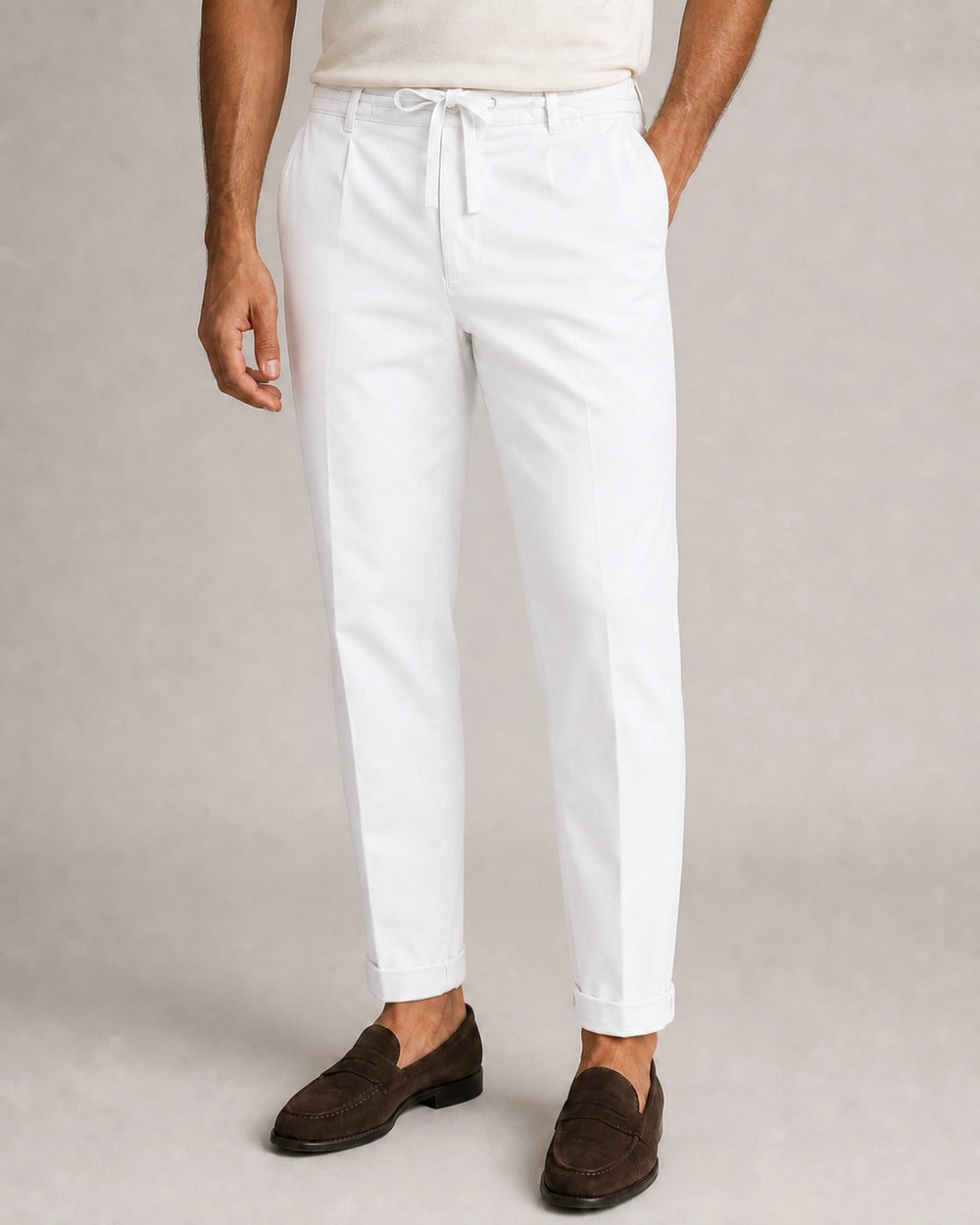 Men's white relaxed elastic-waist summer pants, front variant view.