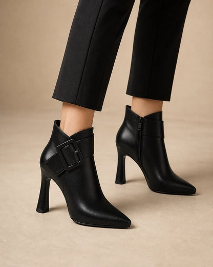 Women's pointed-toe buckle ankle boots, black gallery view. — momount-clara-black-buckle-boots-01.webp