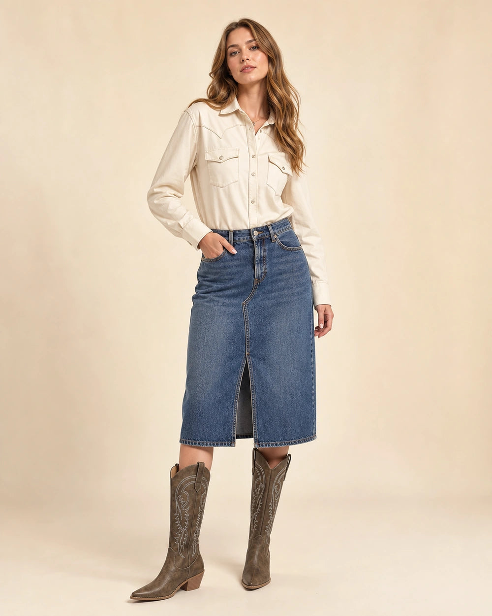 Momount Women Amoji Western Knee-High Boots, brown, full silhouette.