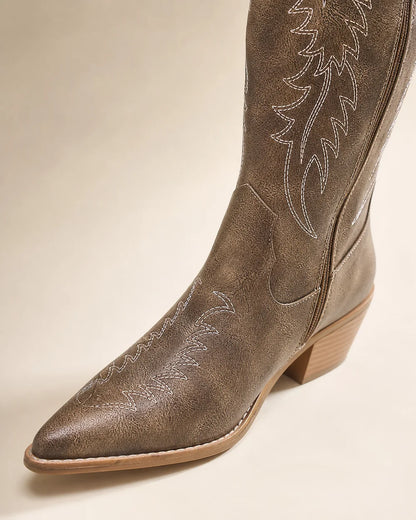 Momount Women Amoji Western Knee-High Boots, brown, construction detail.