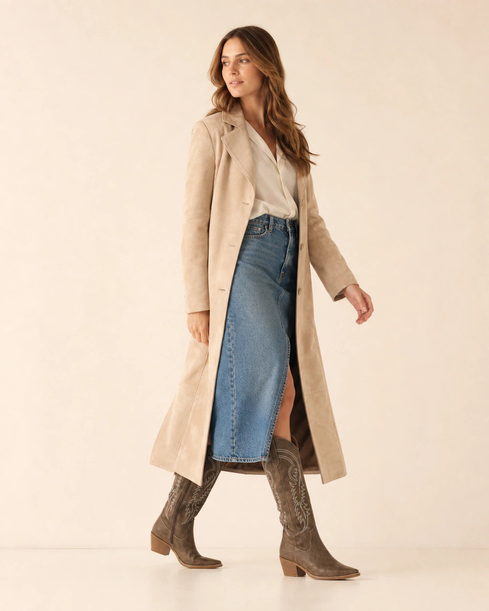 Momount Women Amoji Western Knee-High Boots, brown, walking view.
