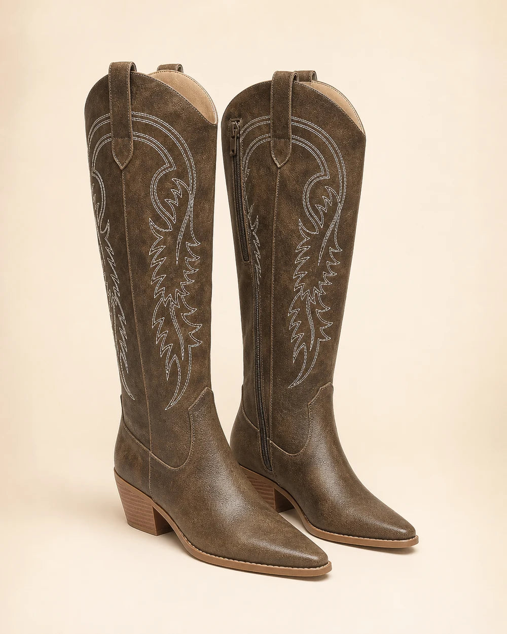 Momount Women Amoji Western Knee-High Boots, brown, product only.
