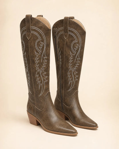 Momount Women Amoji Western Knee-High Boots, brown, product only.