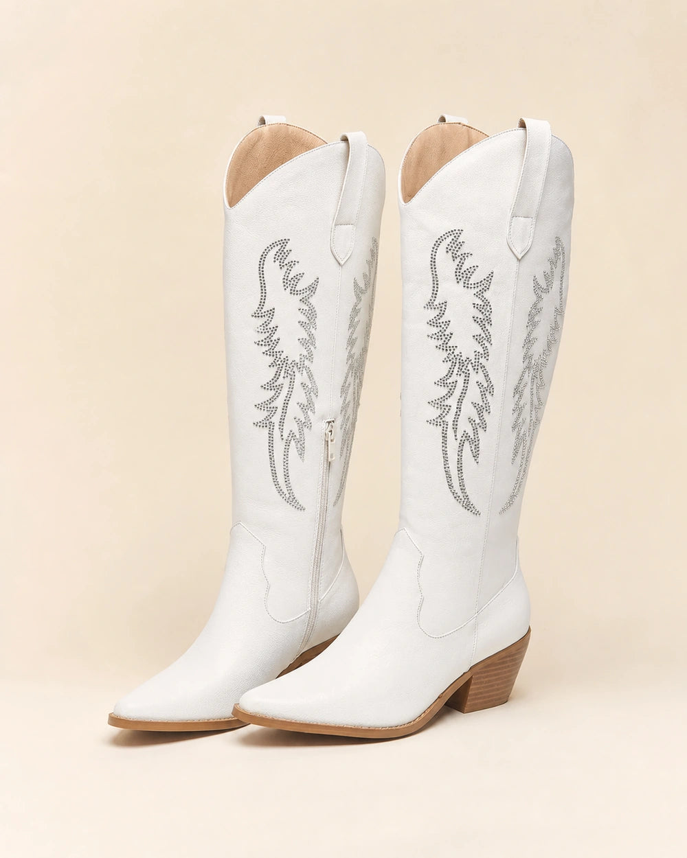 Momount Women Amoji Western Knee-High Boots, white rhinestone, variant hero.