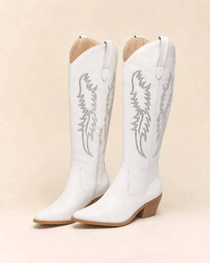 Momount Women Amoji Western Knee-High Boots, white rhinestone, variant hero.