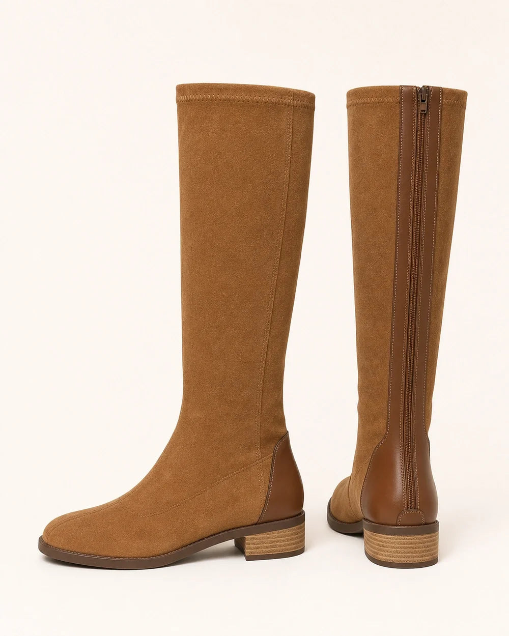 Women's camel suede-effect knee-high boots, lateral and rear product views.