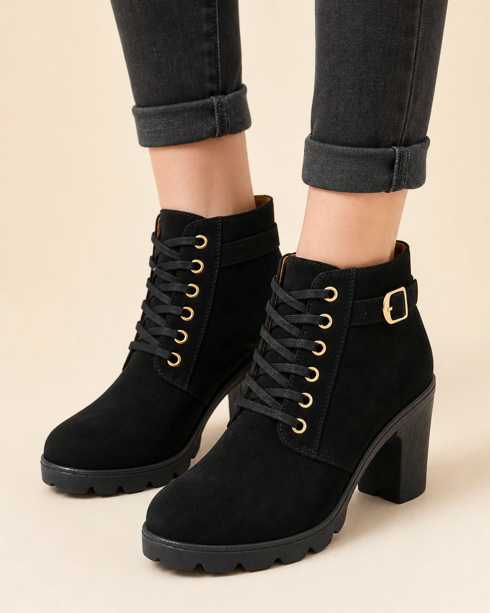 Momount Women Chunky-Heel Ankle Boots – Lace-Up, Gold-Tone Buckle, black, hero.
