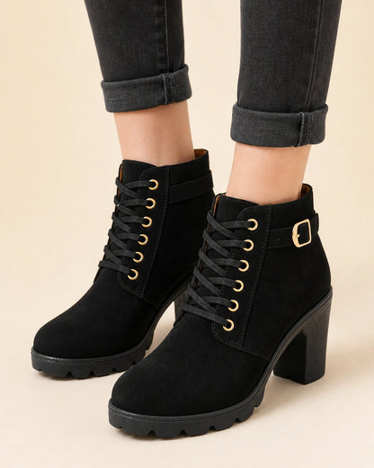 Momount Women Chunky-Heel Ankle Boots – Lace-Up, Gold-Tone Buckle, black, hero.