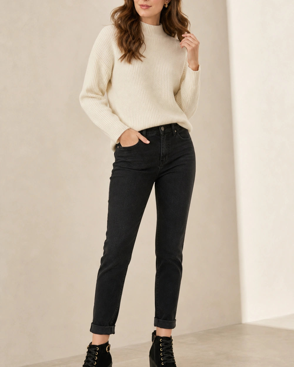 Momount Women Chunky-Heel Ankle Boots – Lace-Up, Gold-Tone Buckle, black, full silhouette.