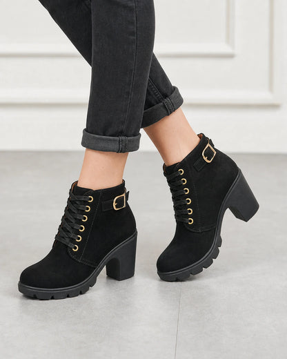 Momount Women Chunky-Heel Ankle Boots – Lace-Up, Gold-Tone Buckle, black, lateral profile.