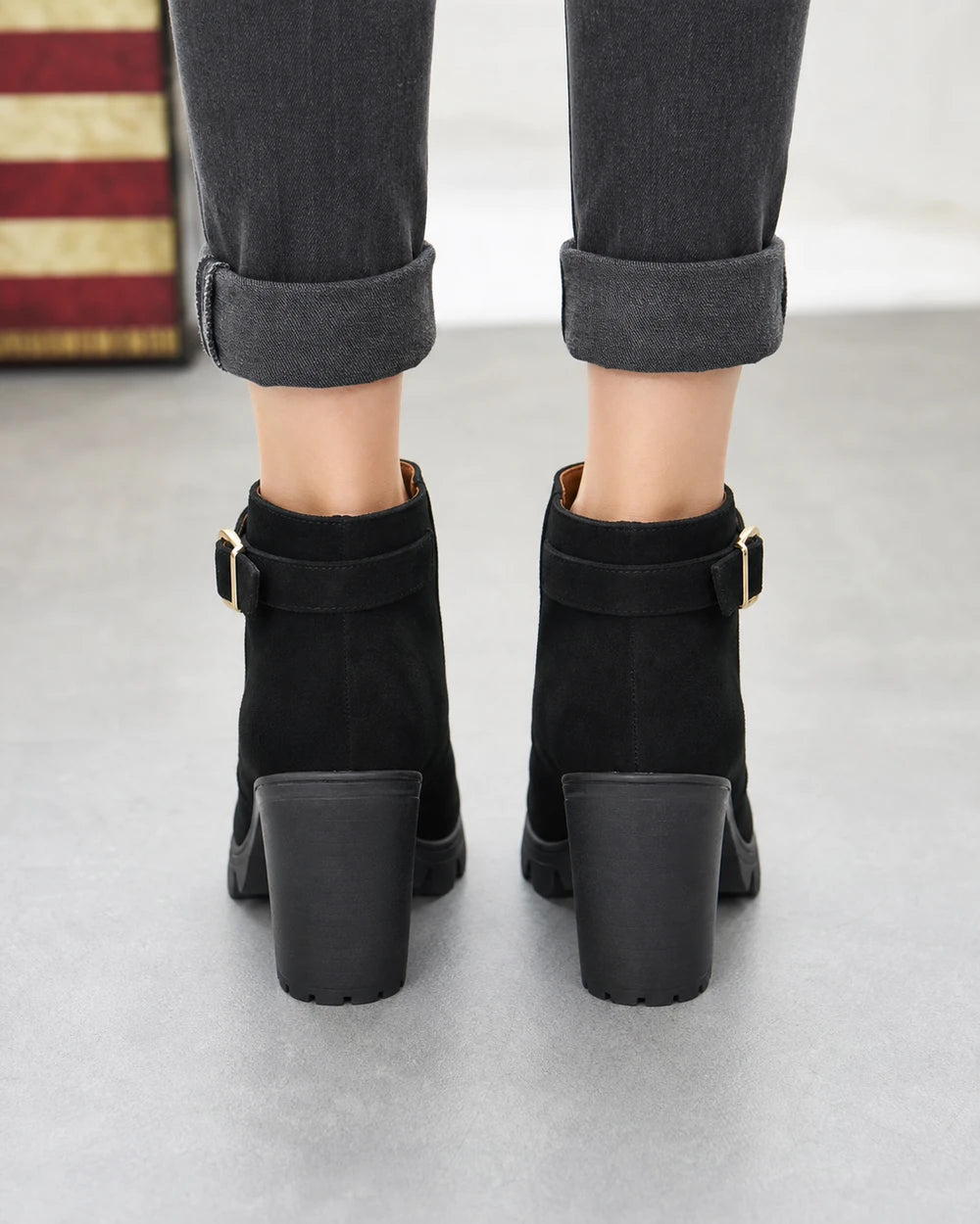 Momount Women Chunky-Heel Ankle Boots – Lace-Up, Gold-Tone Buckle, black, rear view.