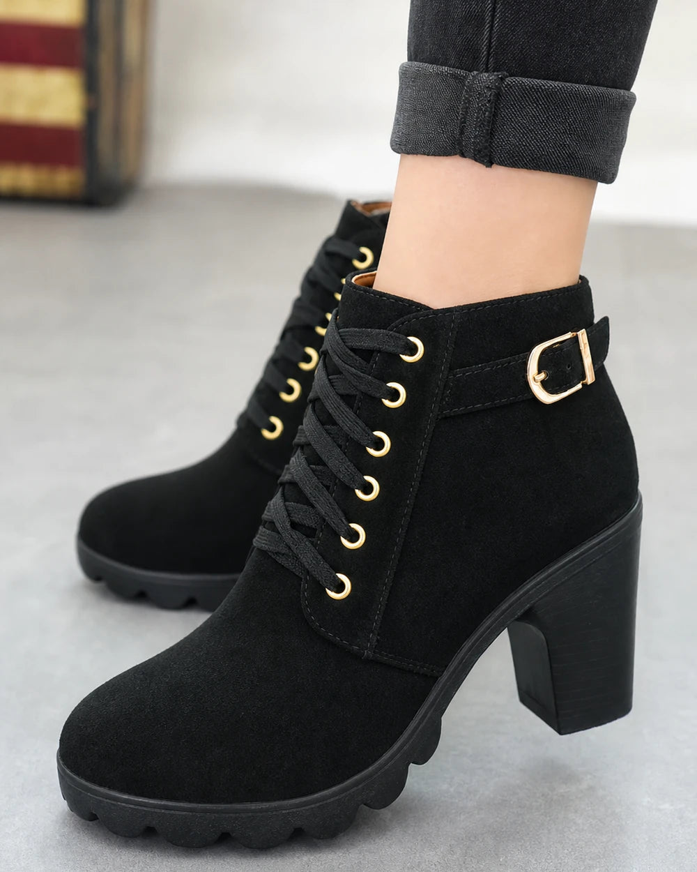 Momount Women Chunky-Heel Ankle Boots – Lace-Up, Gold-Tone Buckle, black, construction detail.