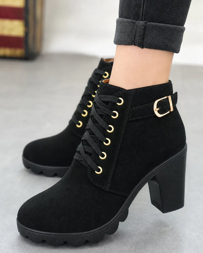 Momount Women Chunky-Heel Ankle Boots – Lace-Up, Gold-Tone Buckle, black, construction detail.