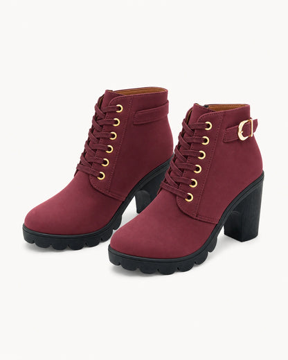 Momount Women Chunky-Heel Ankle Boots – Lace-Up, Gold-Tone Buckle, burgundy, variant hero.