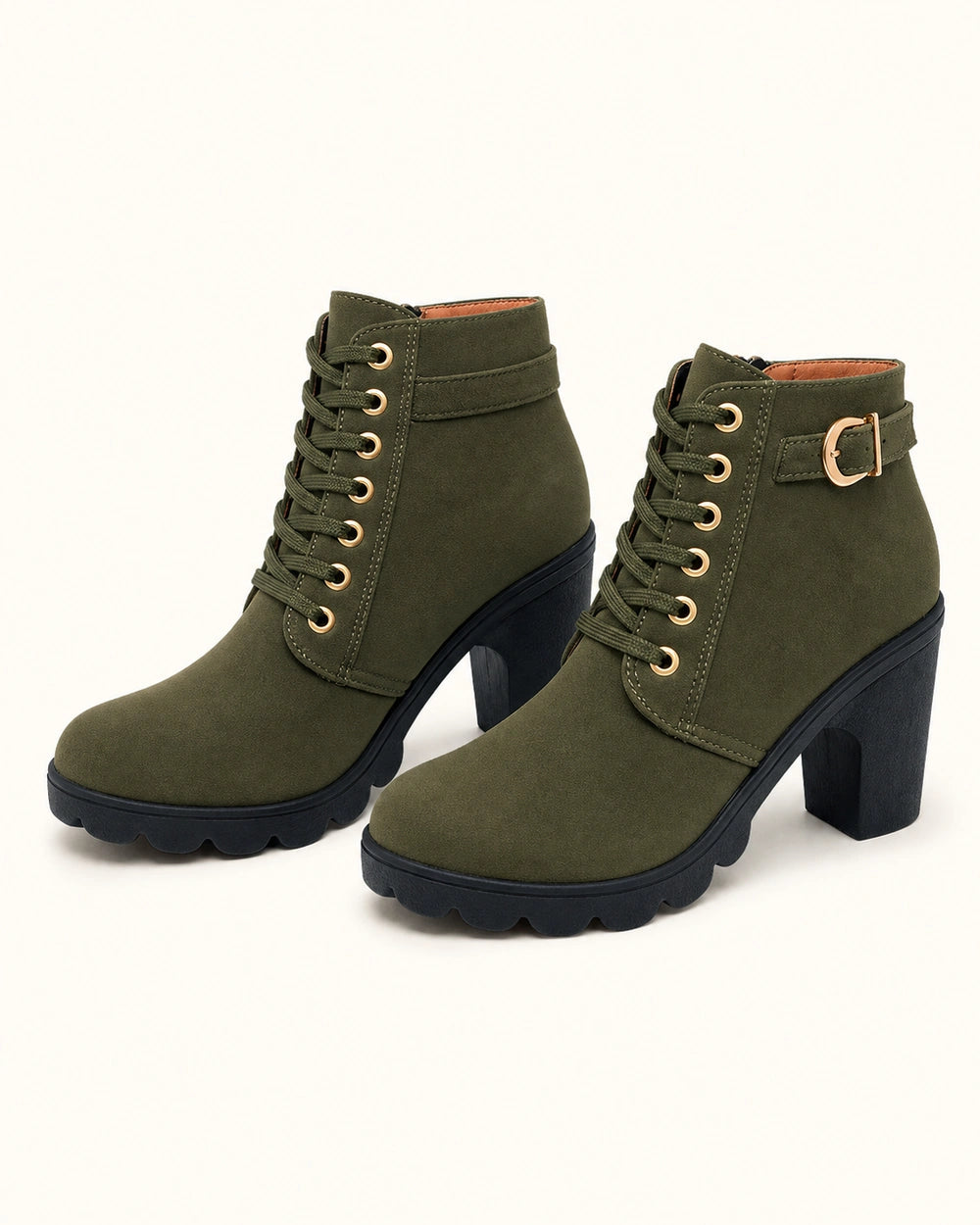 Momount Women Chunky-Heel Ankle Boots – Lace-Up, Gold-Tone Buckle, green, variant hero.