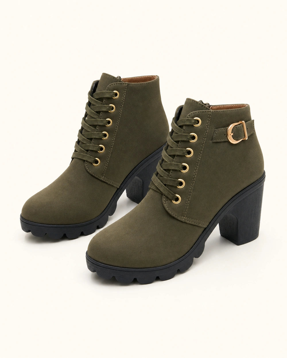 Momount Women Chunky-Heel Ankle Boots – Lace-Up, Gold-Tone Buckle, khaki, variant hero.