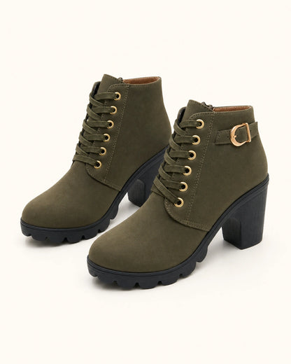 Momount Women Chunky-Heel Ankle Boots – Lace-Up, Gold-Tone Buckle, khaki, variant hero.