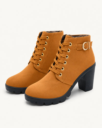 Momount Women Chunky-Heel Ankle Boots – Lace-Up, Gold-Tone Buckle, mustard yellow, variant hero.