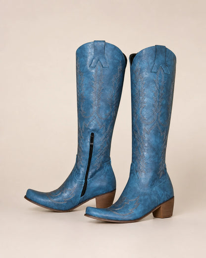 Momount Women Embroidered Western Knee-High Boots, blue, variant hero.
