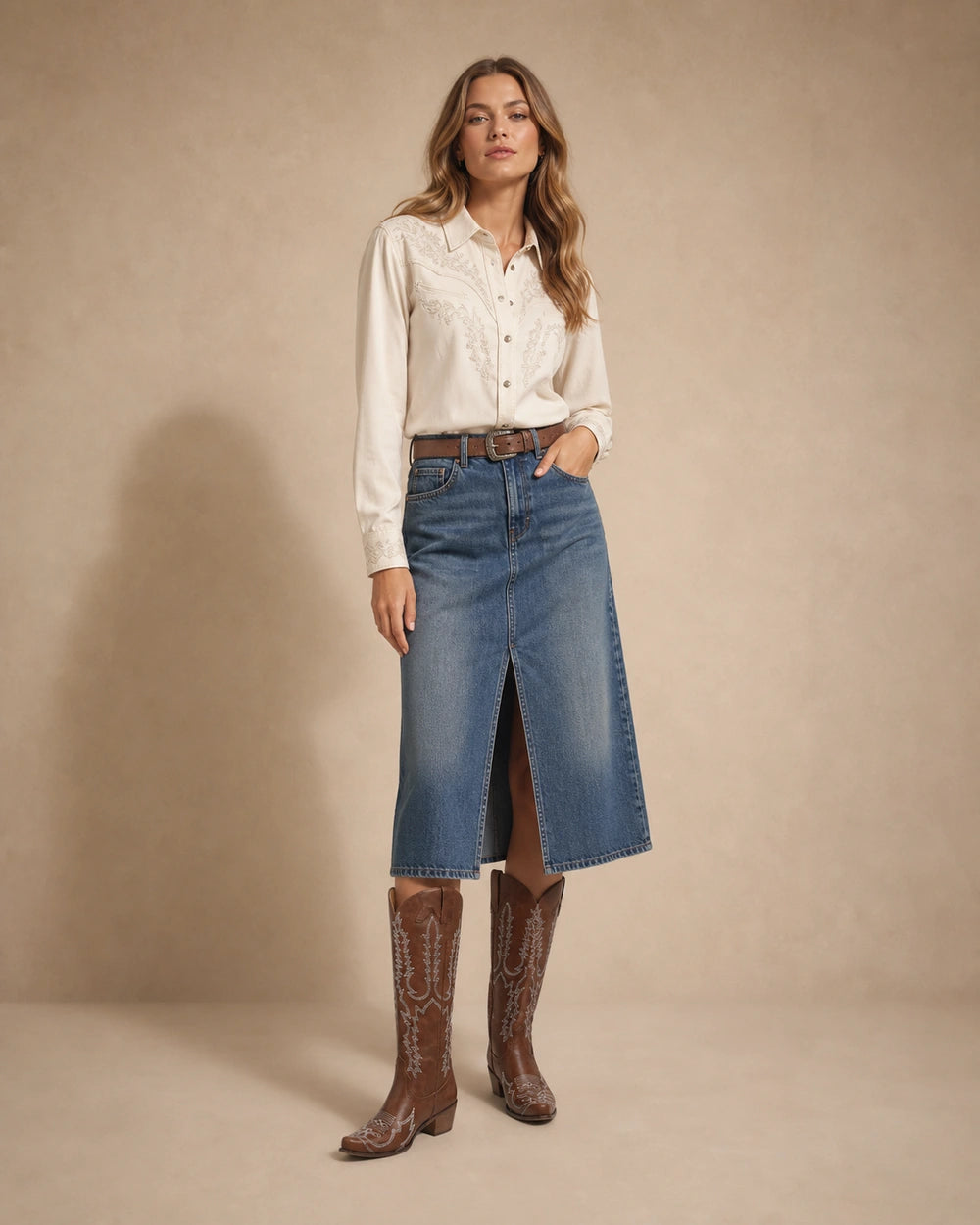 Momount Women Embroidered Western Knee-High Boots, brown, full silhouette.