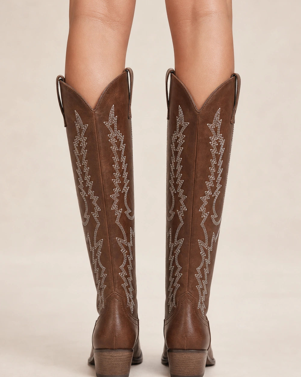 Momount Women Embroidered Western Knee-High Boots, brown, rear view.