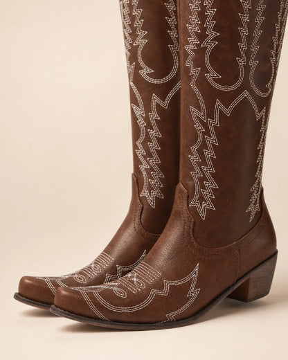 Momount Women Embroidered Western Knee-High Boots, brown, embroidery detail.
