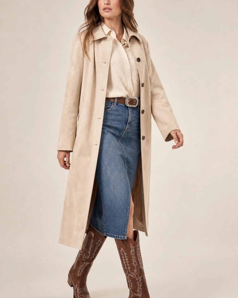 Momount Women Embroidered Western Knee-High Boots, brown, walking view.