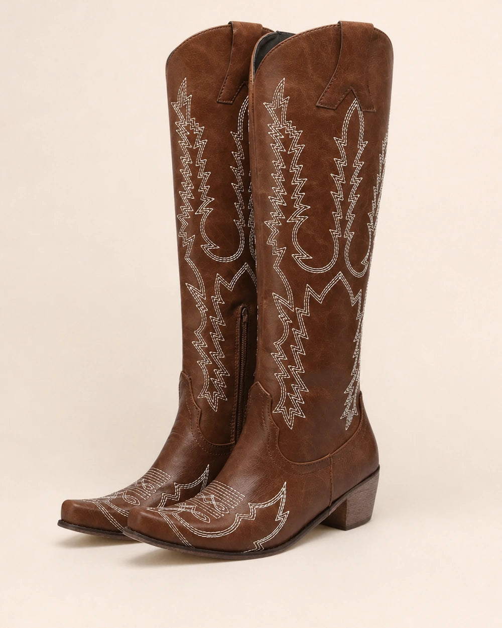 Momount Women Embroidered Western Knee-High Boots, brown, product only.