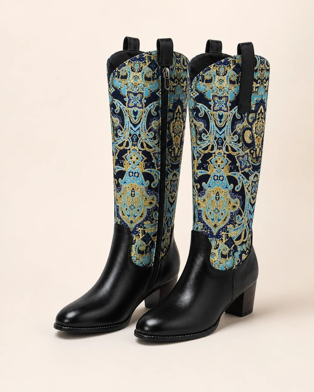 Momount Women Floral Square-Heel Knee-High Boots, black, variant hero.