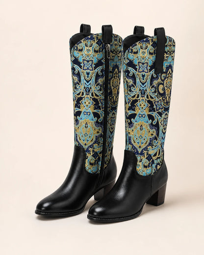 Momount Women Floral Square-Heel Knee-High Boots, black, variant hero.