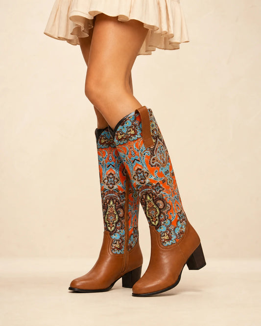 Momount Women Floral Square-Heel Knee-High Boots, brown, hero.