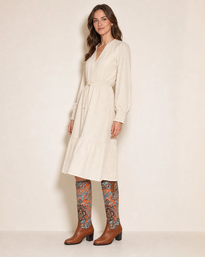 Momount Women Floral Square-Heel Knee-High Boots, brown, full silhouette.