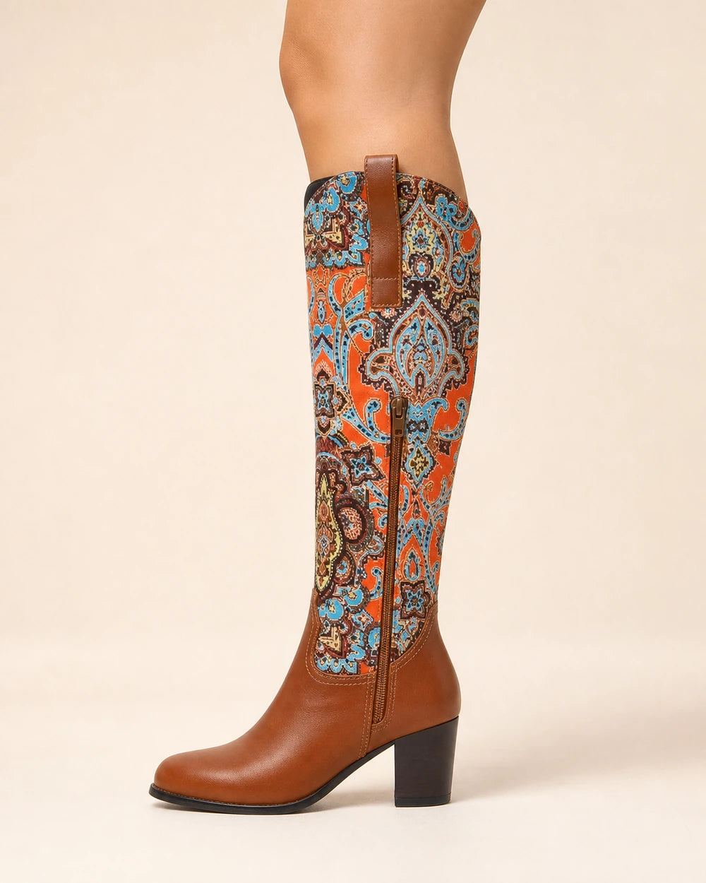 Momount Women Floral Square-Heel Knee-High Boots, brown, lateral profile.