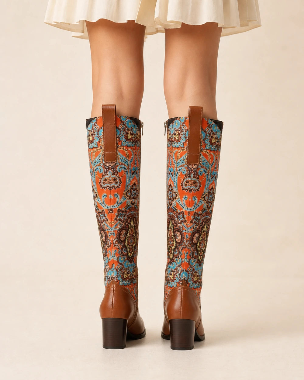 Momount Women Floral Square-Heel Knee-High Boots, brown, rear view.
