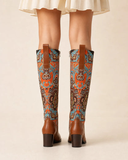 Momount Women Floral Square-Heel Knee-High Boots, brown, rear view.