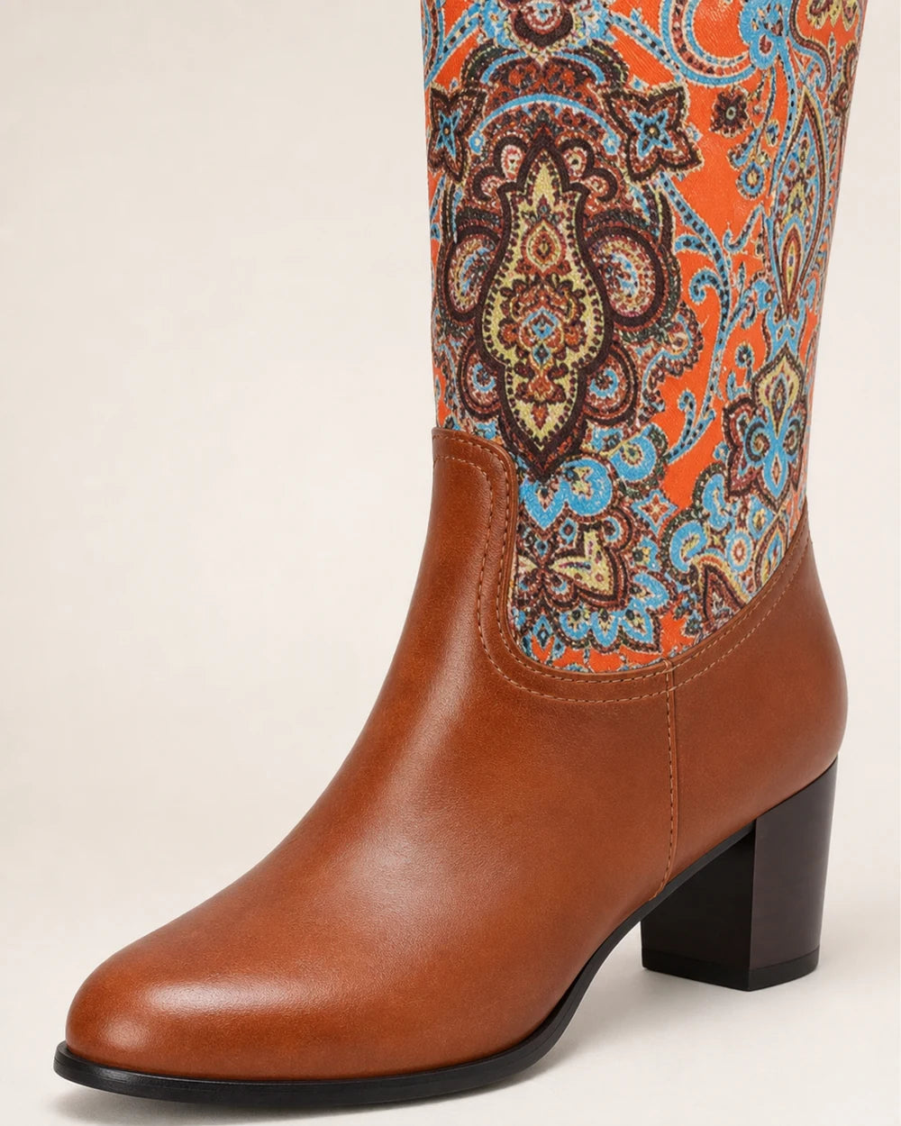Momount Women Floral Square-Heel Knee-High Boots, brown, construction detail.