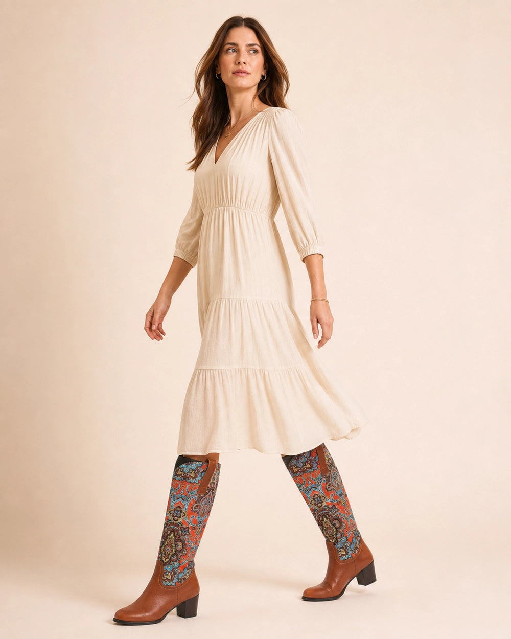 Momount Women Floral Square-Heel Knee-High Boots, brown, walking view.