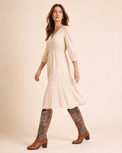Momount Women Floral Square-Heel Knee-High Boots, brown, walking view.