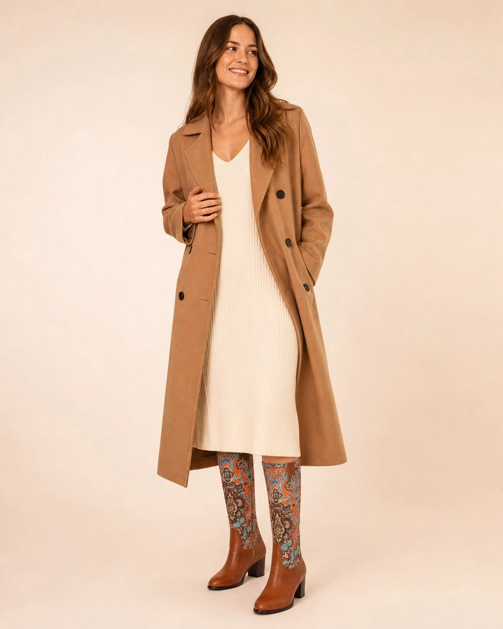 Momount Women Floral Square-Heel Knee-High Boots, brown, second styling.
