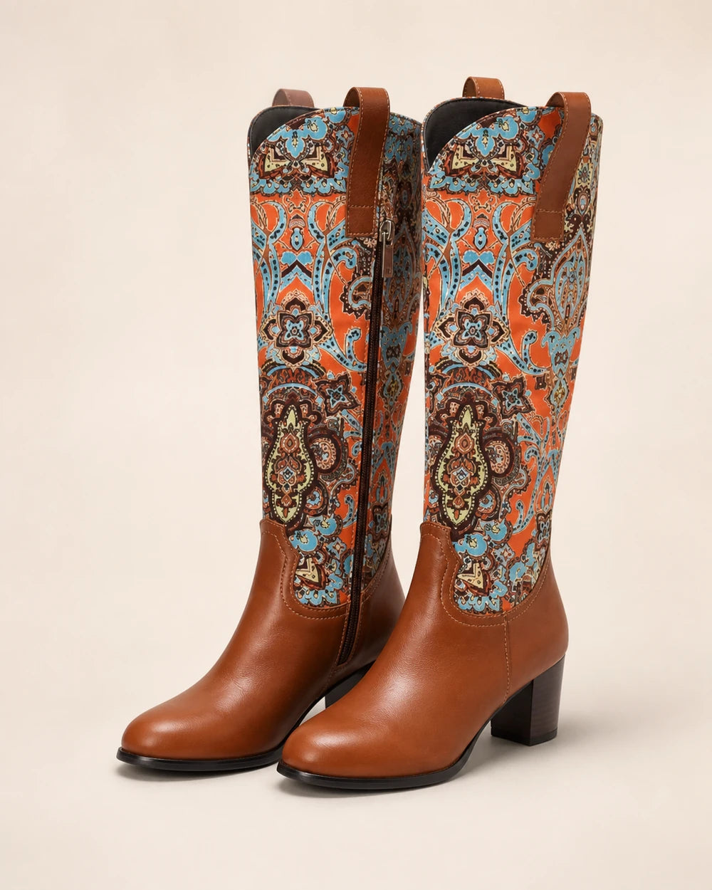 Momount Women Floral Square-Heel Knee-High Boots, brown, product only.