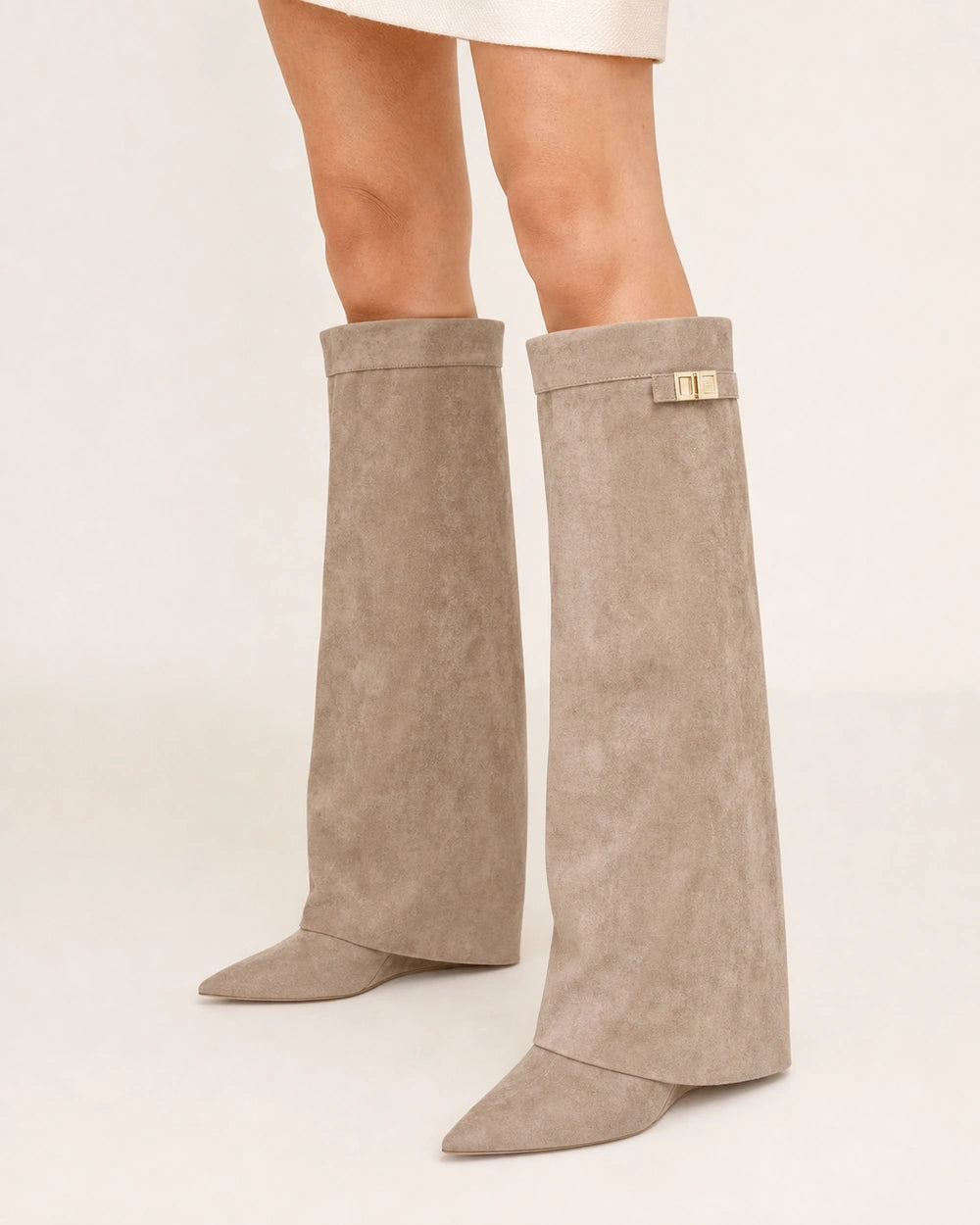 Momount Women Gold-Buckle Knee-High Boots – Pointed Toe, Hidden Wedge, beige, hero.