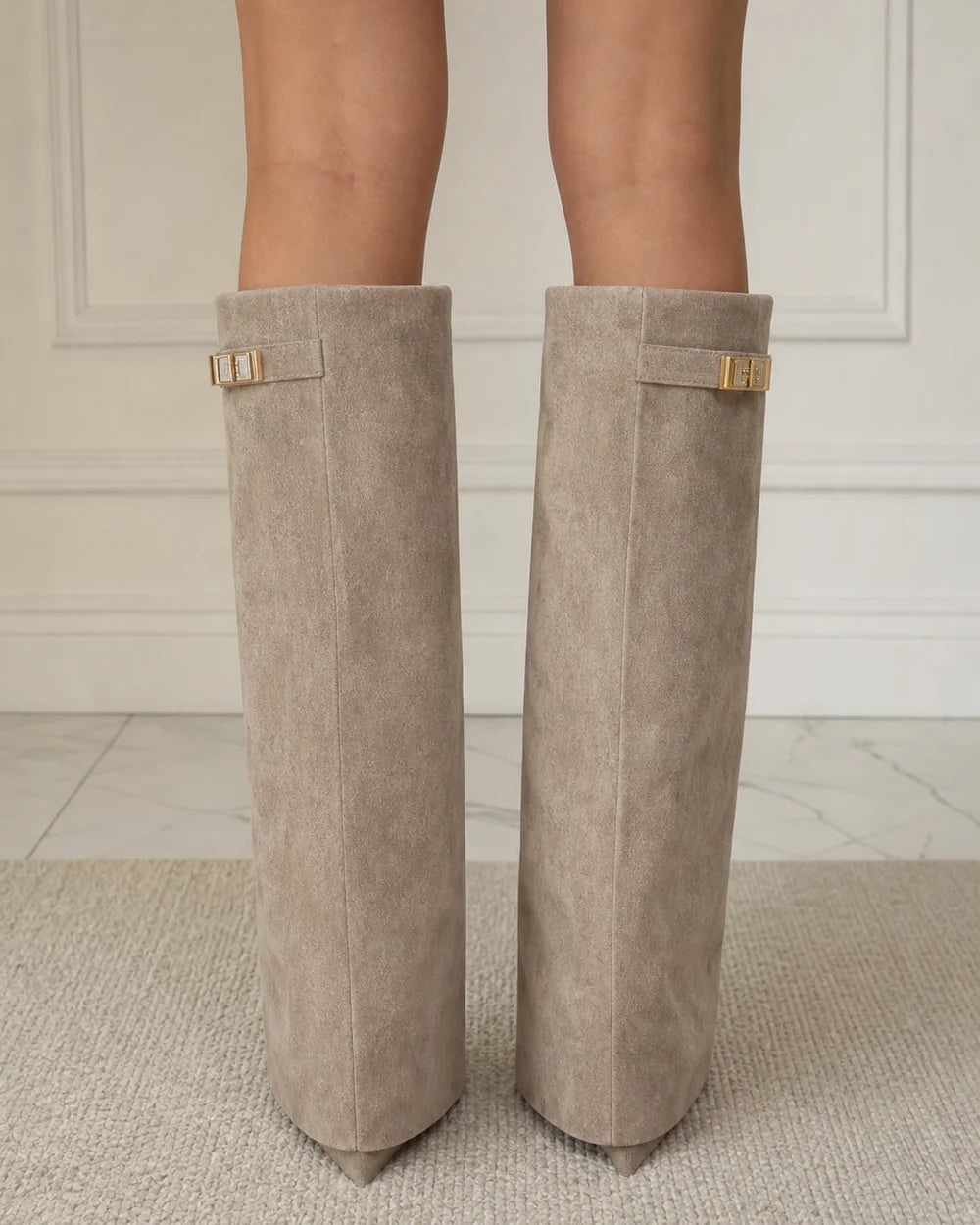 Momount Women Gold-Buckle Knee-High Boots – Pointed Toe, Hidden Wedge, beige, rear view.