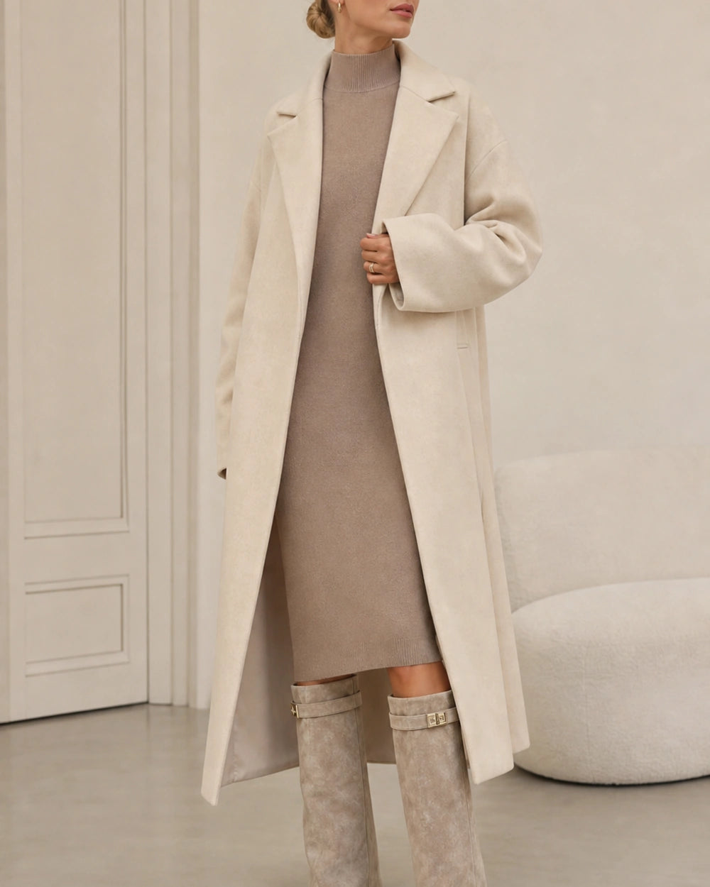 Momount Women Gold-Buckle Knee-High Boots – Pointed Toe, Hidden Wedge, beige, second styling.