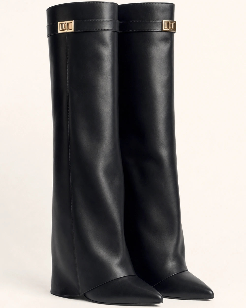 Momount Women Gold-Buckle Knee-High Boots – Pointed Toe, Hidden Wedge, black smooth, variant hero.