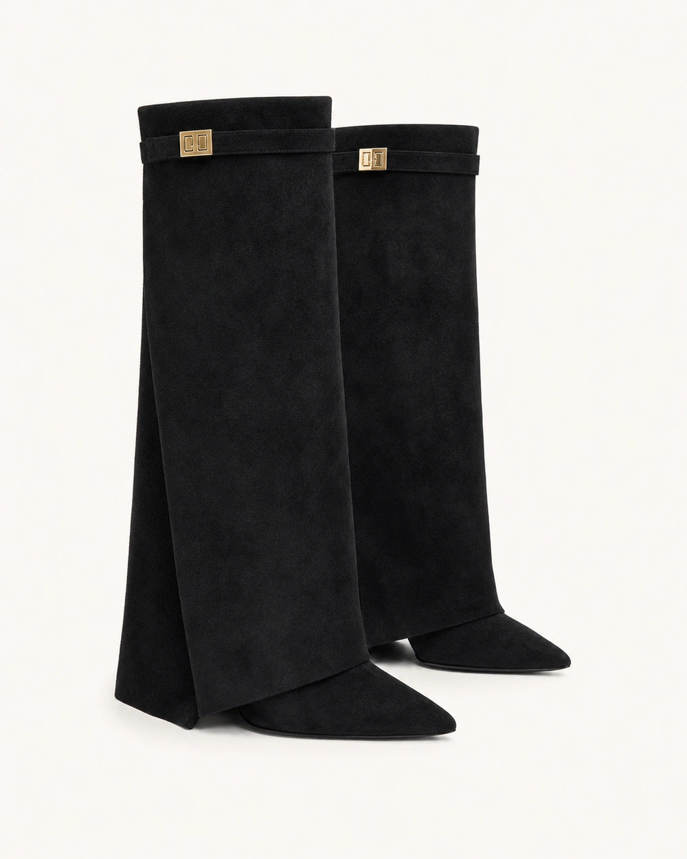 Momount Women Gold-Buckle Knee-High Boots – Pointed Toe, Hidden Wedge, black suede, variant hero.