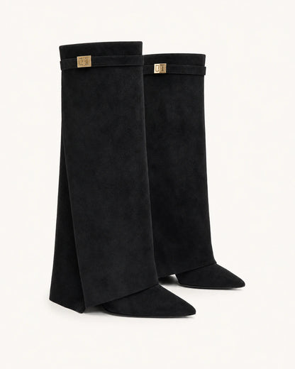 Momount Women Gold-Buckle Knee-High Boots – Pointed Toe, Hidden Wedge, black suede, variant hero.