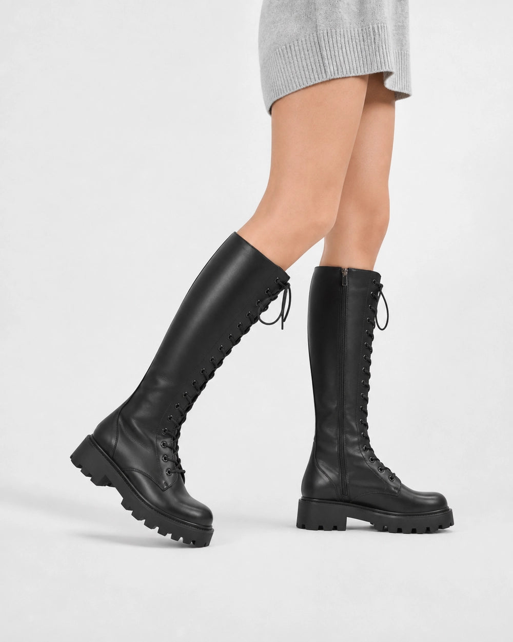 Momount Women Lace-Up Knee-High Boots – Track Sole, Side Zip, black, lateral profile.