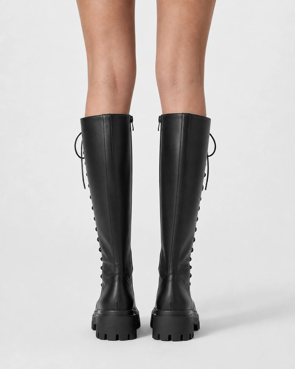Momount Women Lace-Up Knee-High Boots – Track Sole, Side Zip, black, rear view.