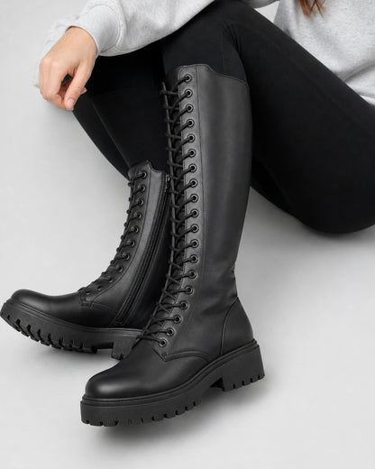 Momount Women Lace-Up Knee-High Boots – Track Sole, Side Zip, black, construction detail.
