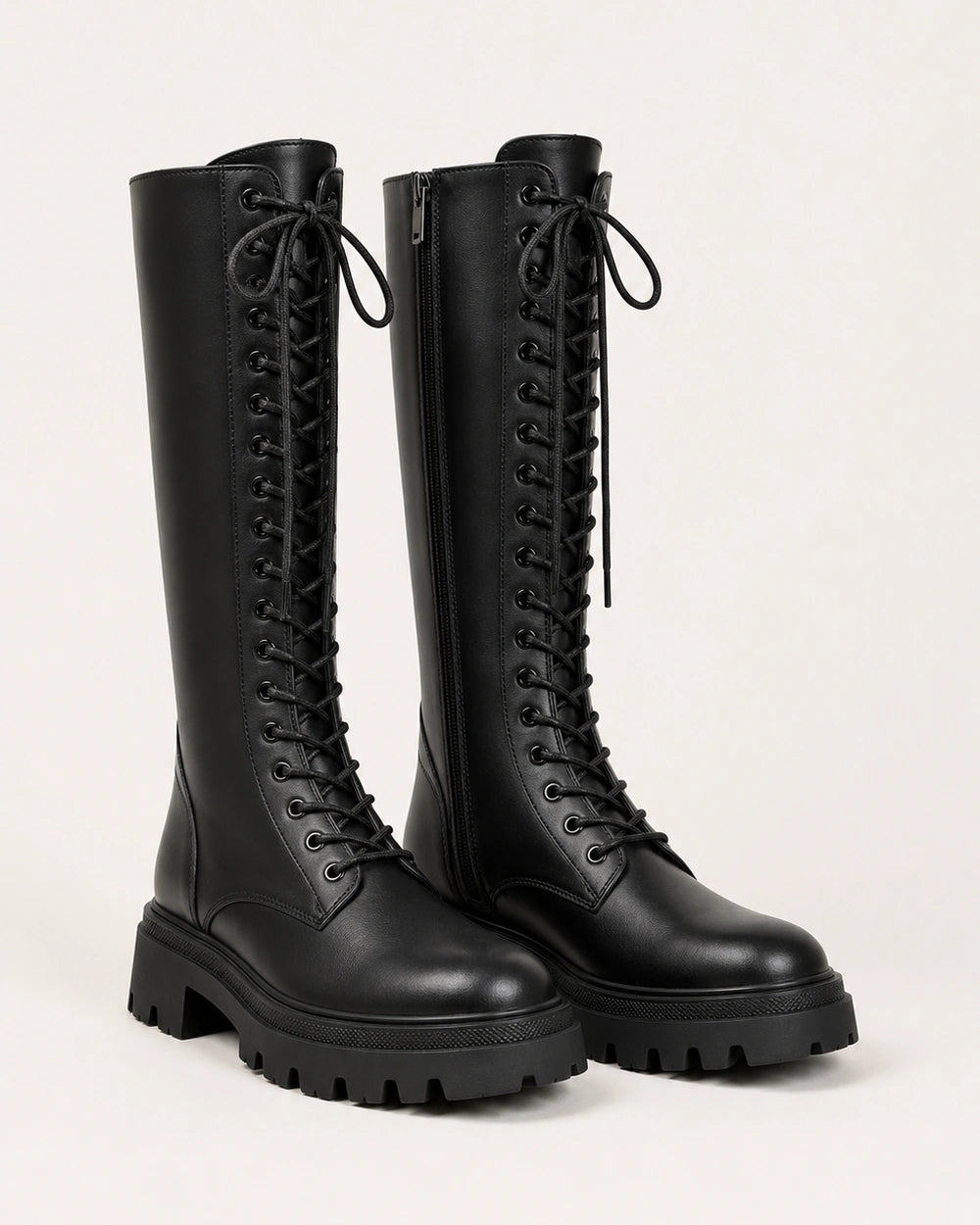 Momount Women Lace-Up Knee-High Boots – Track Sole, Side Zip, black, product only.